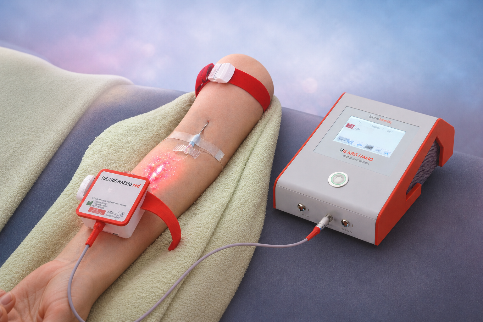 Arm während einer intravenösen Laserbehandlung mit dem HILARIS HAEMO System