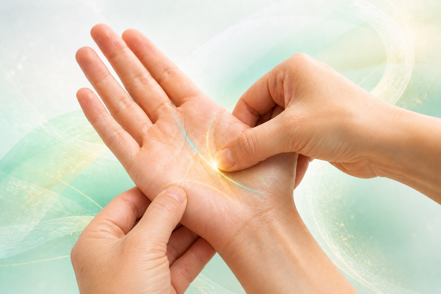 Palmtherapy mit zwei Daumen an ausgewählten Linien einer geöffneten Handfläche
